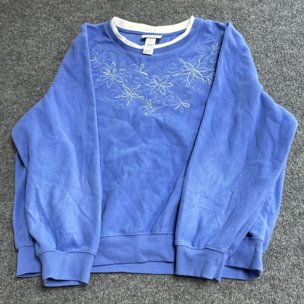 Alfred Dunner Sweatshirt Womens XL Blue Floral Embroidered Fleece Crew Neck Cozy
